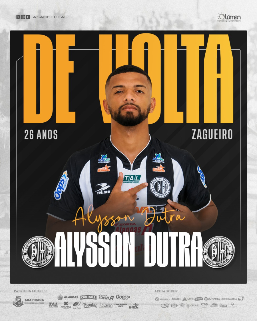 ASA anuncia o retorno do zagueiro Alysson Dutra
